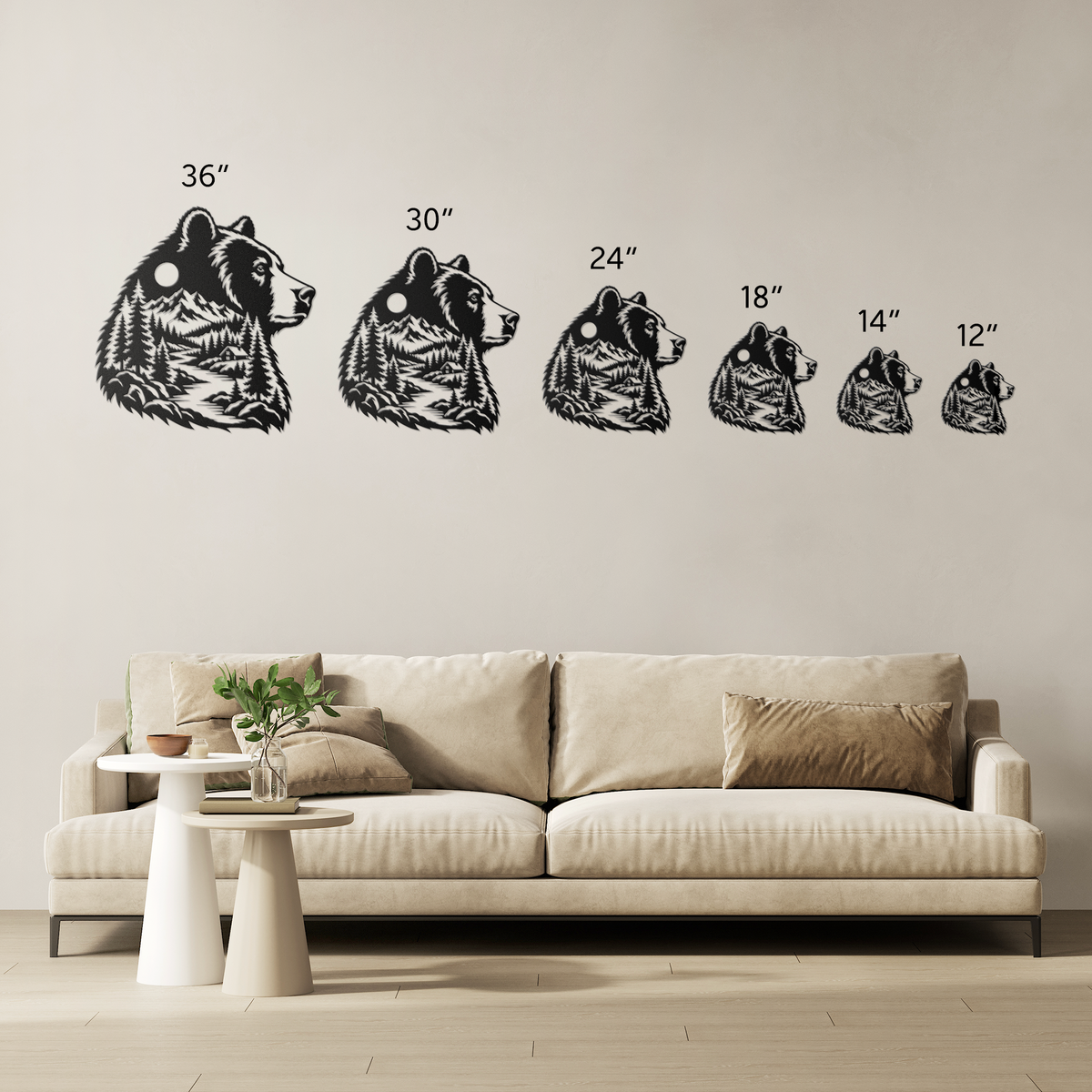 Bear head rustic metal sign size comparison — 12 to 36 inch options