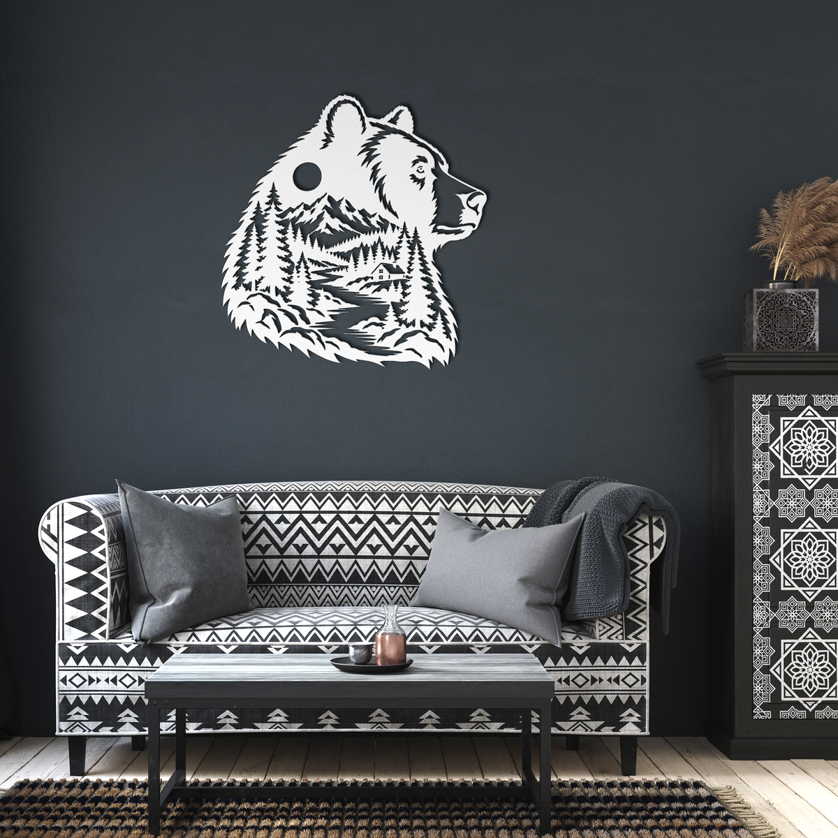 White bear head rustic metal sign in a living room — rustic steel wall decor