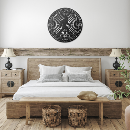 Black bigfoot pacific northwest formline-style metal wall art in a farmhouse room — steel wall decor