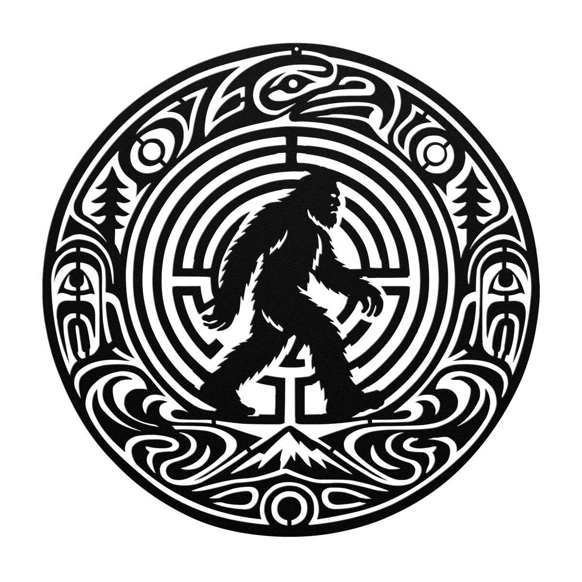 Bigfoot Pacific Northwest formline-style metal wall art in black — bold cryptid steel wall decor