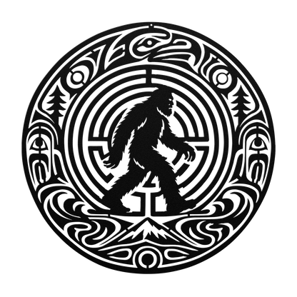 Bigfoot Pacific Northwest formline-style metal wall art in black — bold cryptid steel wall decor