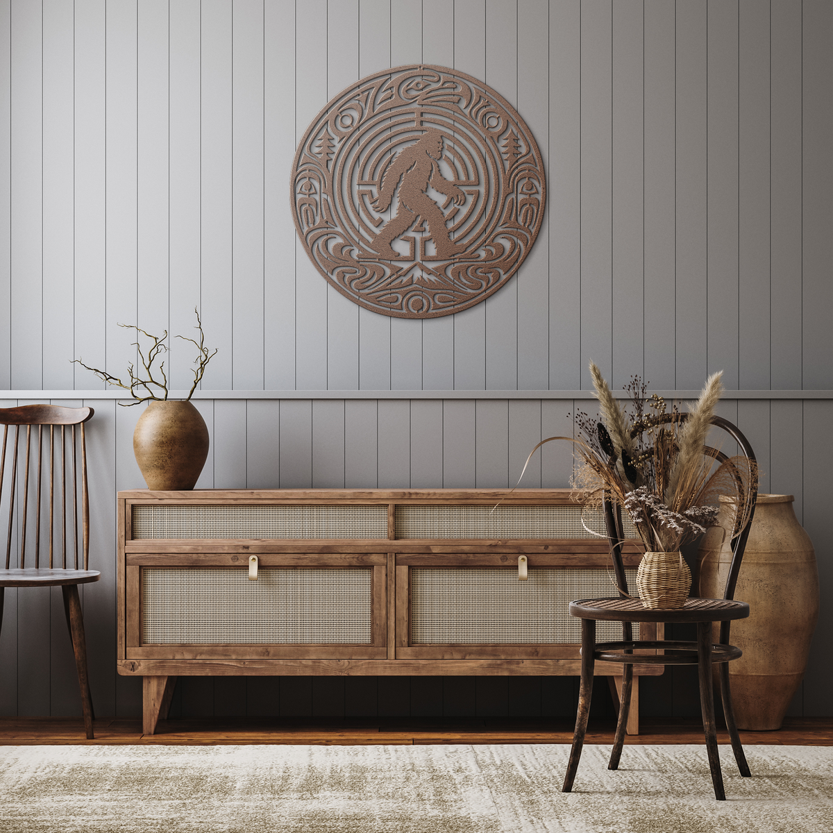 Copper bigfoot pacific northwest formline-style metal wall art in a rustic kitchen — steel wall decor