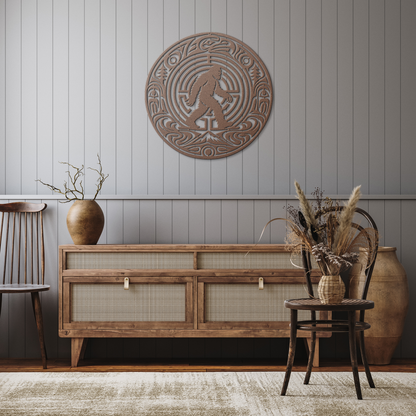 Copper bigfoot pacific northwest formline-style metal wall art in a rustic kitchen — steel wall decor