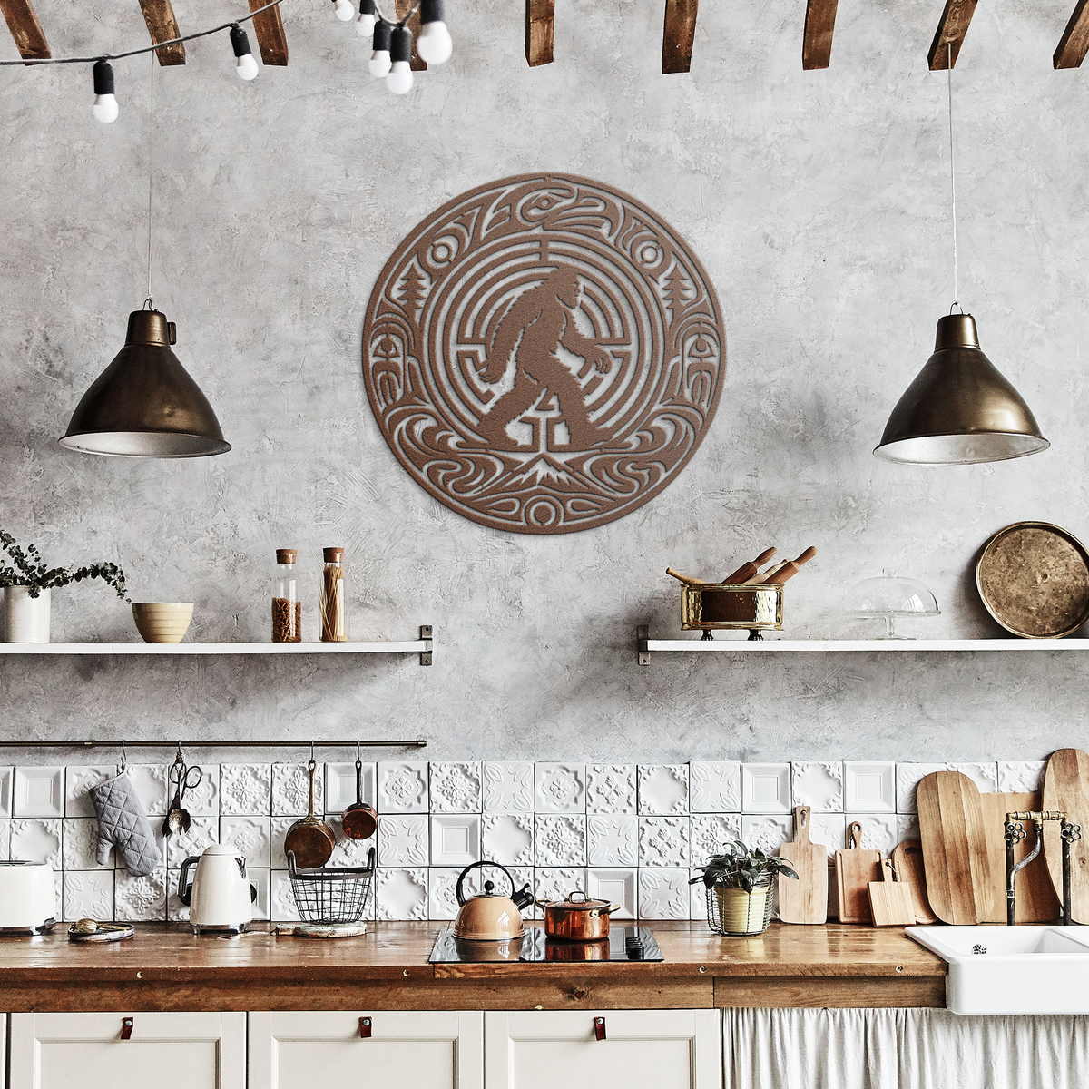 Copper bigfoot pacific northwest formline-style metal wall art in a rustic hallway — steel wall decor