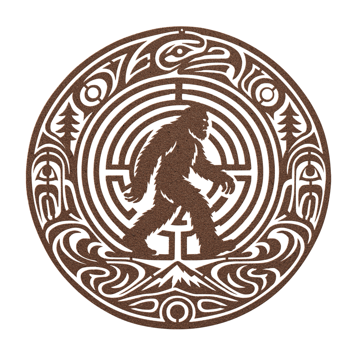 Bigfoot Pacific Northwest formline-style metal wall art in copper — bold cryptid steel wall decor