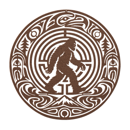 Bigfoot Pacific Northwest formline-style metal wall art in copper — bold cryptid steel wall decor