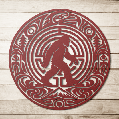 Red bigfoot pacific northwest formline-style metal wall art on a wood background — steel wall decor