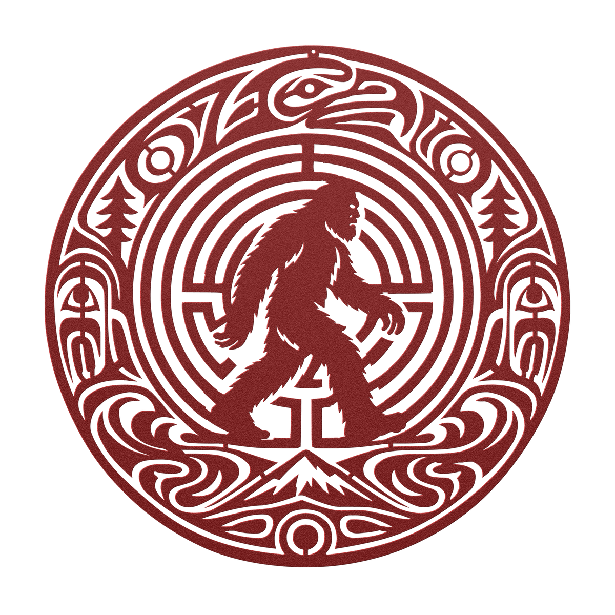 Bigfoot Pacific Northwest formline-style metal wall art in red — bold cryptid steel wall decor