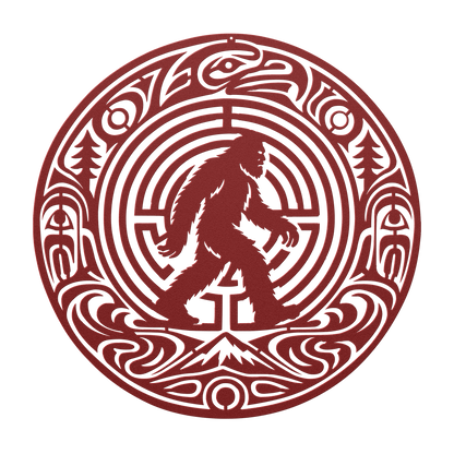 Bigfoot Pacific Northwest formline-style metal wall art in red — bold cryptid steel wall decor