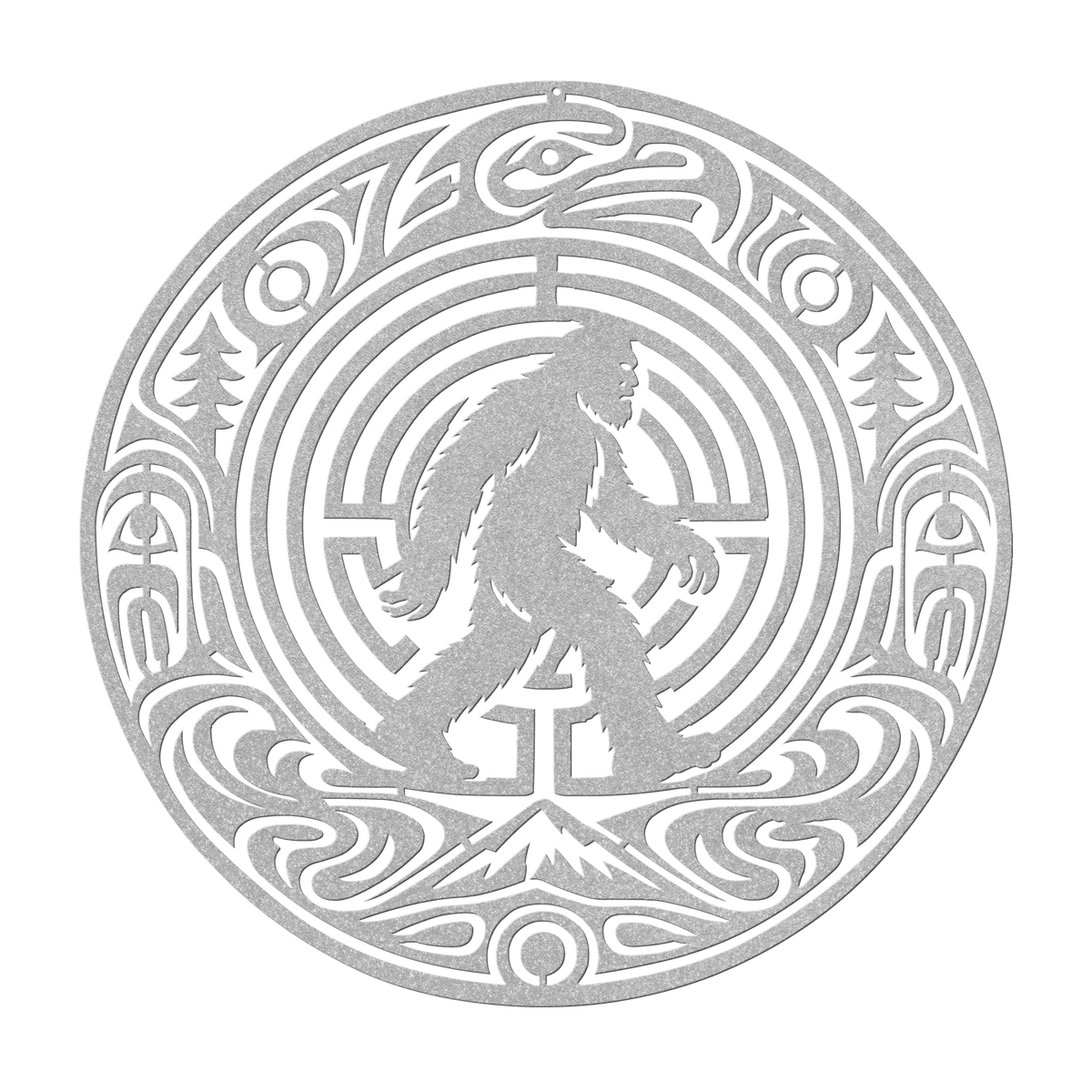 Bigfoot Pacific Northwest formline-style metal wall art in silver — bold cryptid steel wall decor