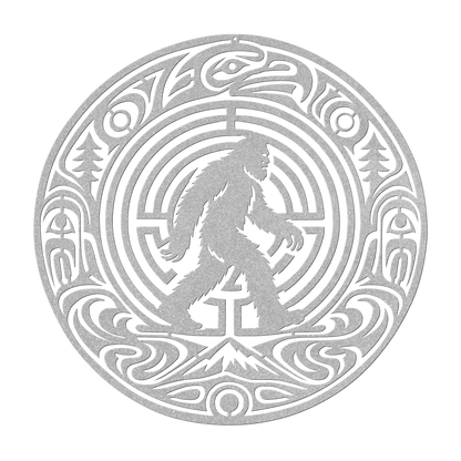 Bigfoot Pacific Northwest formline-style metal wall art in silver — bold cryptid steel wall decor