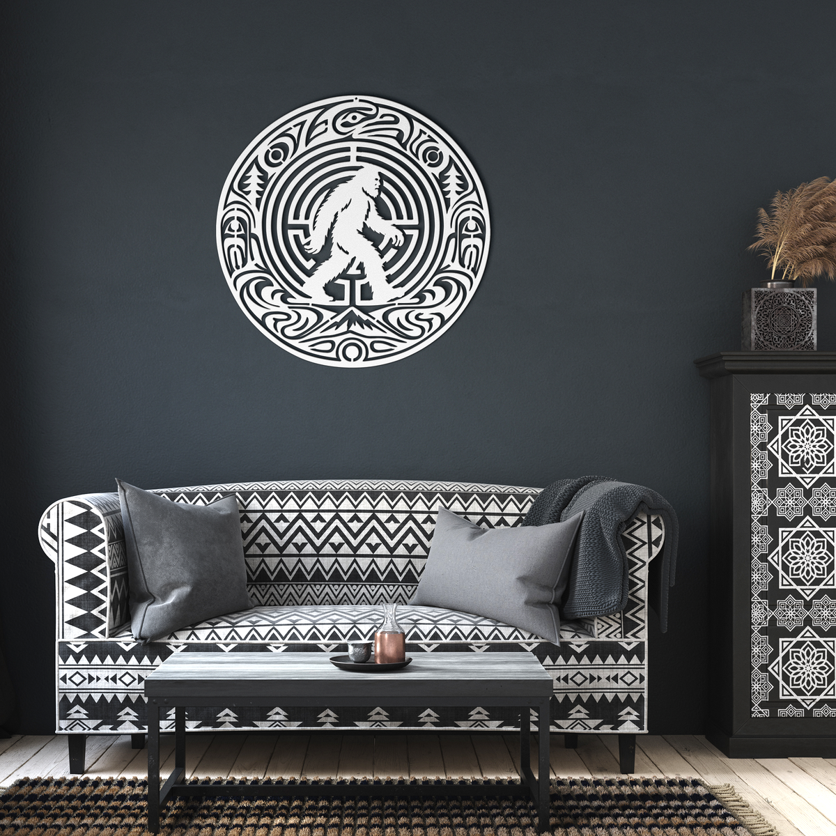 White bigfoot pacific northwest formline-style metal wall art in a living room — steel wall decor
