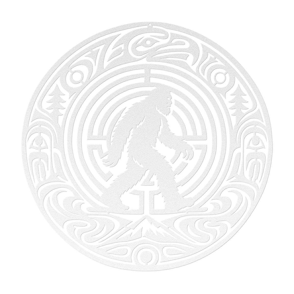 Bigfoot Pacific Northwest formline-style metal wall art in white — bold cryptid steel wall decor