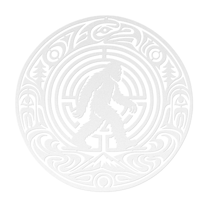 Bigfoot Pacific Northwest formline-style metal wall art in white — bold cryptid steel wall decor