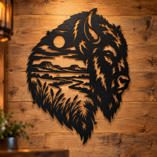 Bison buffalo metal wall art in black — double-exposure Great Plains landscape steel decor