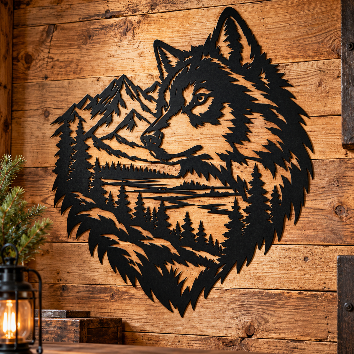 Timber wolf metal sign in black — rustic mountain wilderness wildlife steel wall art