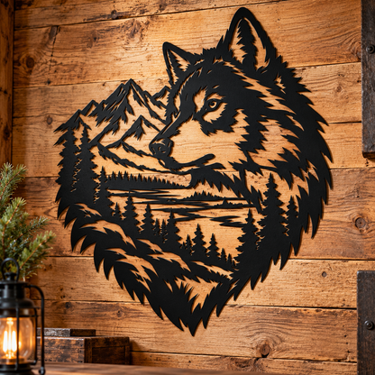 Timber wolf metal sign in black — rustic mountain wilderness wildlife steel wall art
