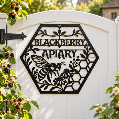 Custom apiary sign — personalized bee honeycomb design in plasma-cut steel garden wall art