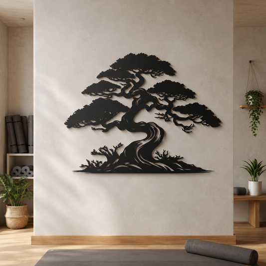 Pine tree metal wall art in black powder coat — 24 inch steel nature decor