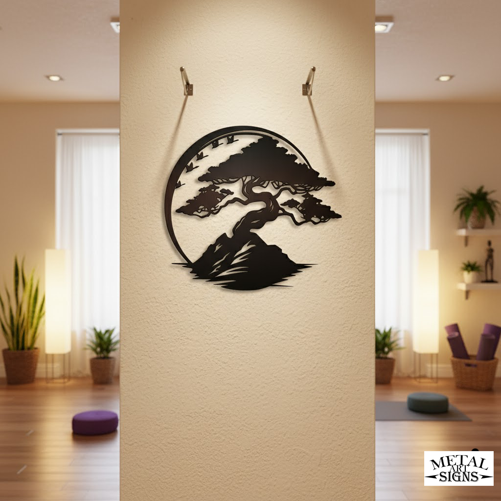 Bonsai tree Enso circle metal wall art