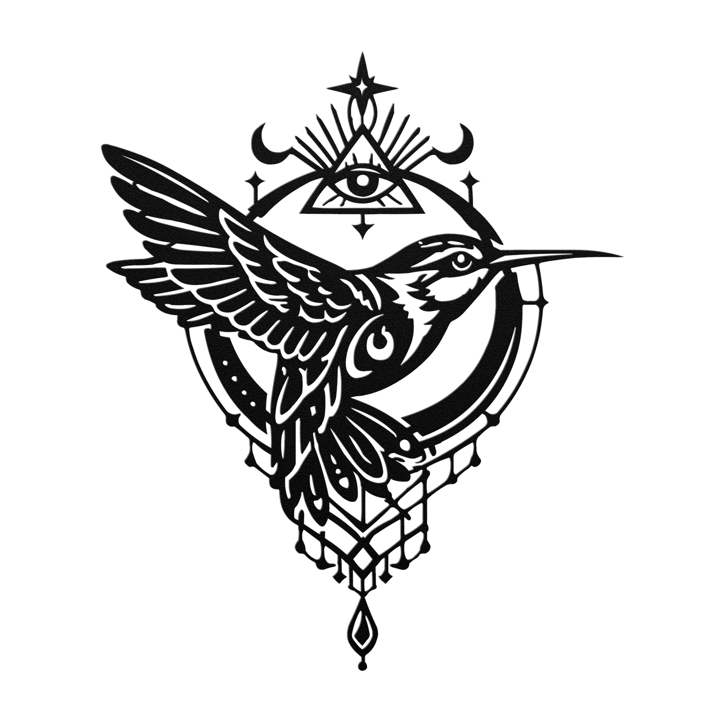 Close-up laser-cut hummingbird moon detail powder coat finish edge