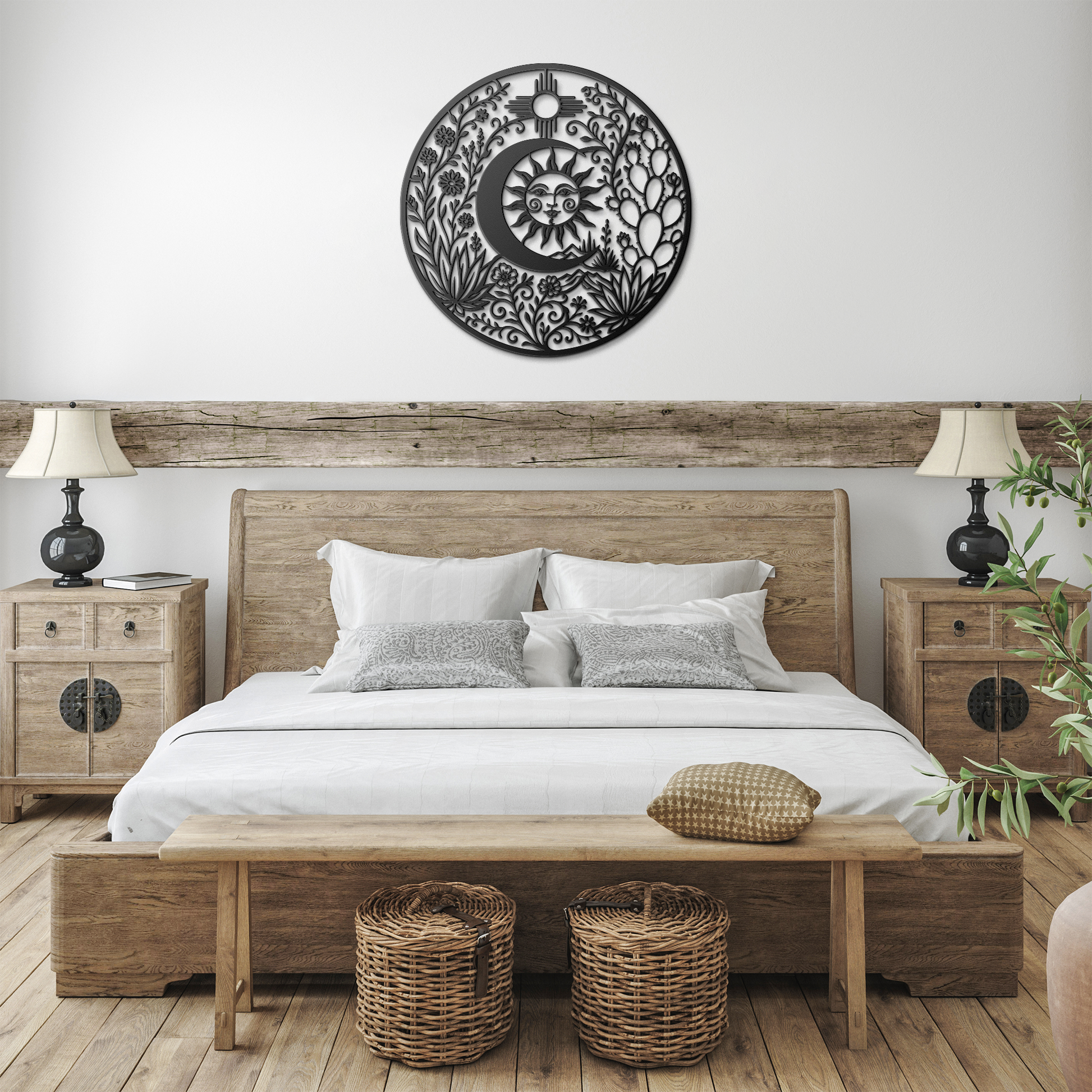 Sun moon face metal sign mounted on garden wall — southwest celestial outdoor decor