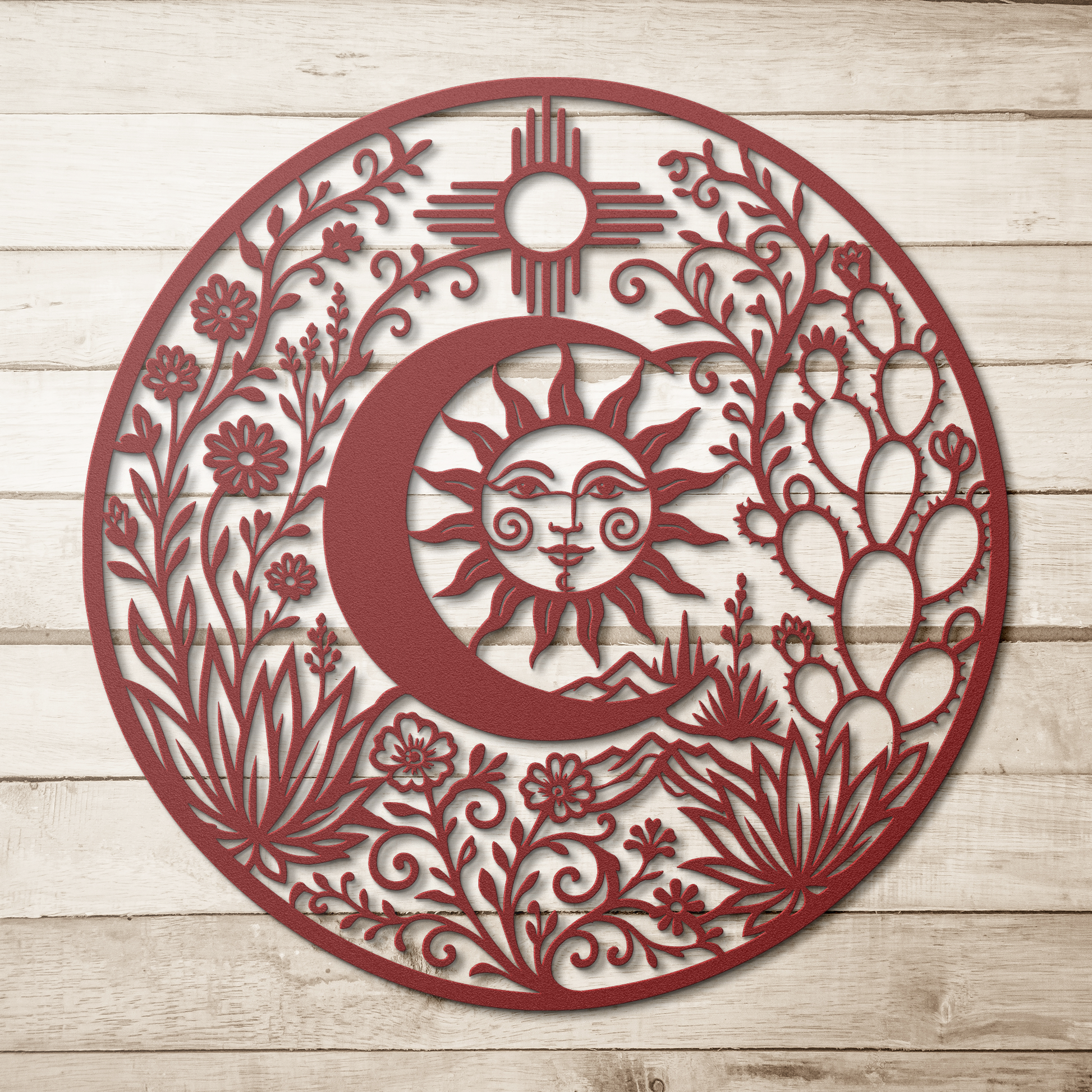 Southwest sun moon face metal wall art in red — spiritual outdoor steel sign