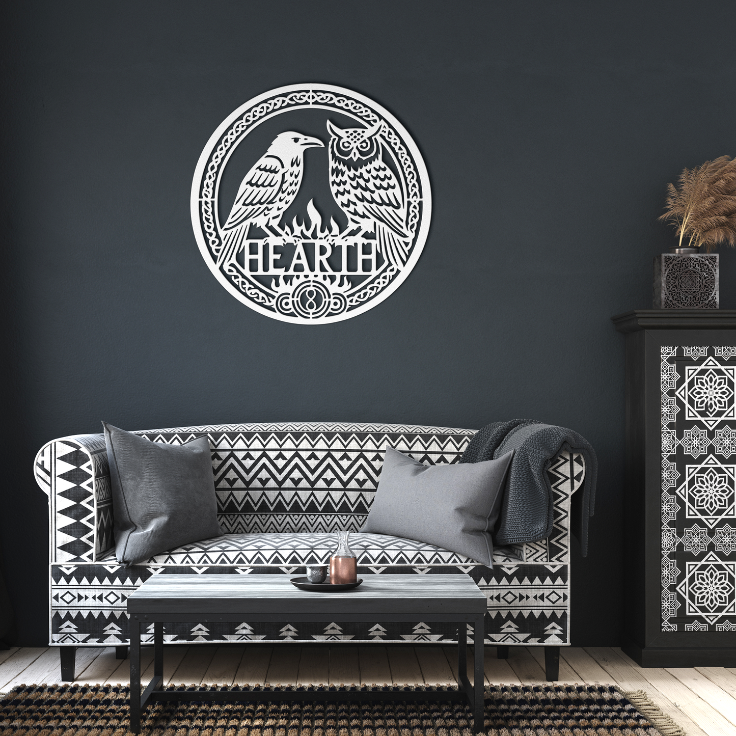 Celtic_Raven__Owl_Hearth_Metal_Sign__White_Dark_Living_Room_Mockup.png