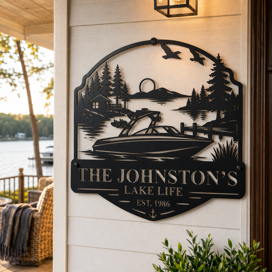 Custom lake life sign — personalized boat lake scene with family name in plasma-cut steel
