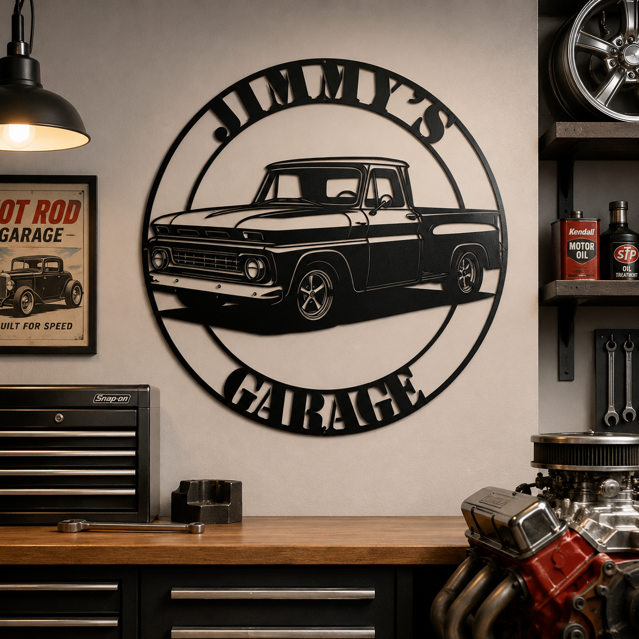 Personalized classic stepside truck metal sign with 1960s classic pickup profile in black powder-coated steel — custom garage wall art