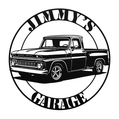 Personalized 1960s stepside truck sign in a man cave workshop — classic pickup wall art for truck enthusiasts