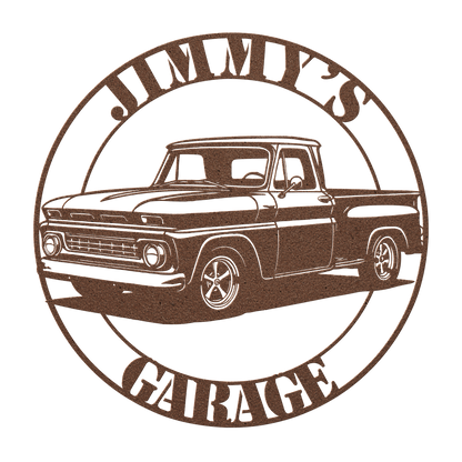 Custom name classic stepside metal sign mounted on a garage wall — personalized classic truck wall art made in USA