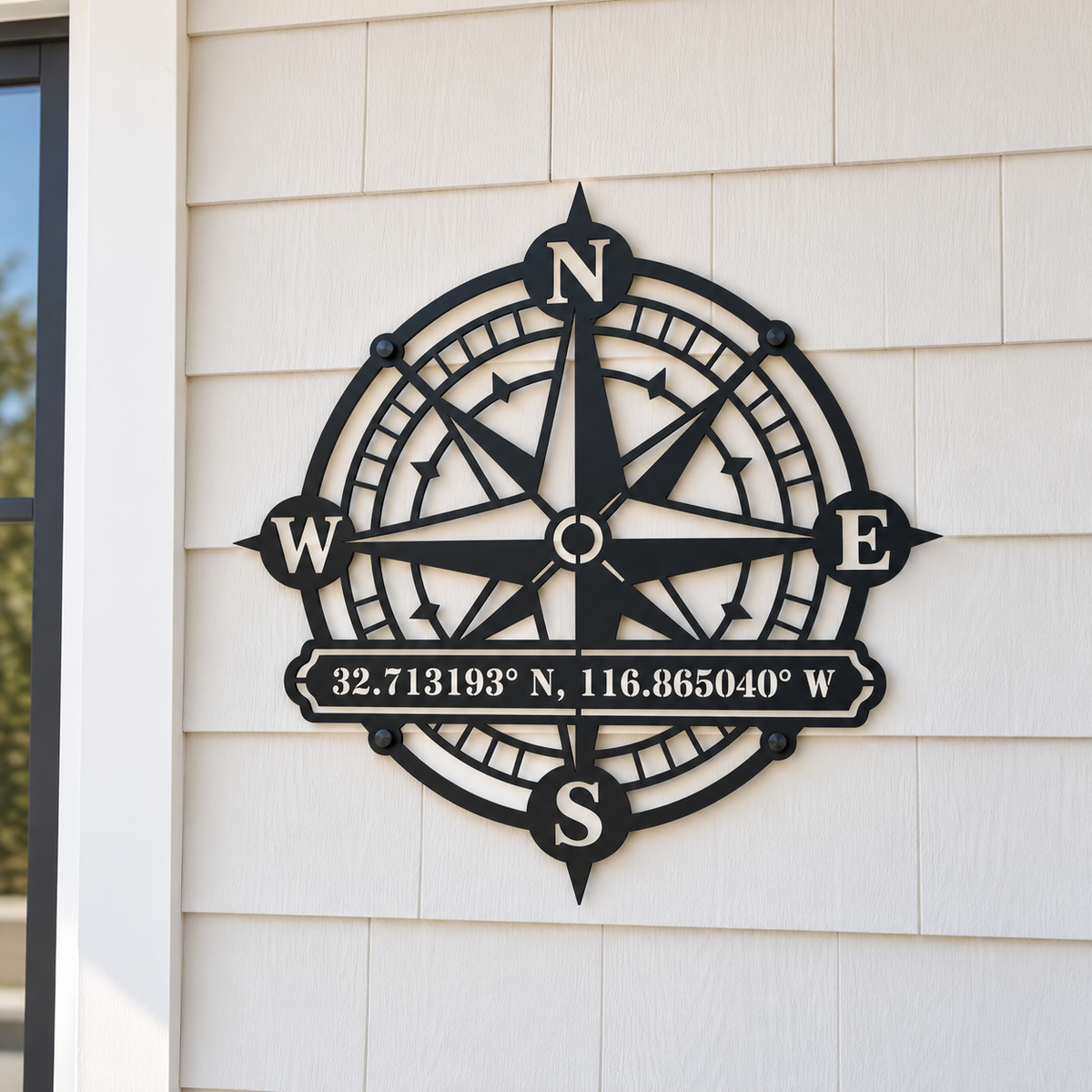 Custom compass rose sign — personalized GPS coordinates in plasma-cut steel coastal wall art