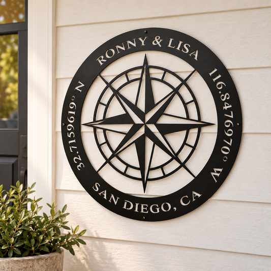 Custom couples compass sign — personalized names and GPS coordinates on a porch, plasma-cut steel