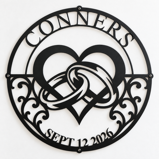 Custom wedding sign — personalized heart rings, family name and date in plasma-cut steel