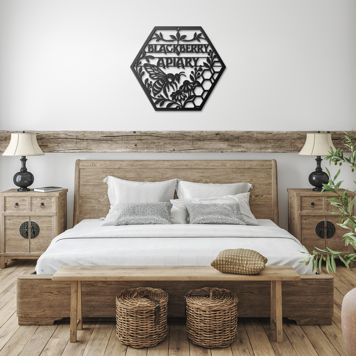 Black custom apiary bee honeycomb metal sign in a farmhouse room — personalized beekeeper wall decor