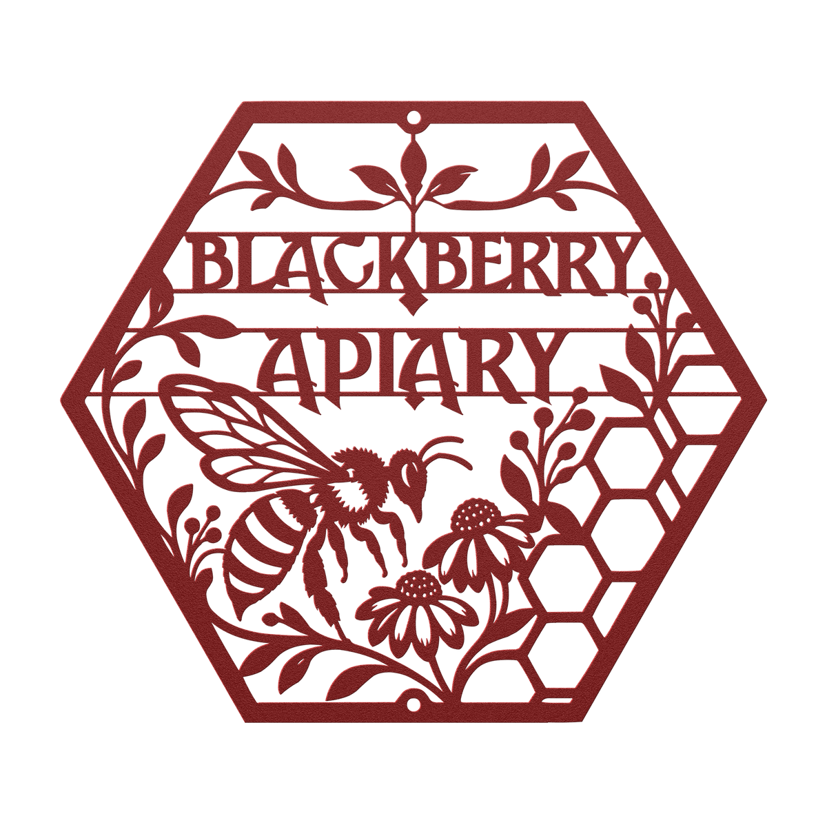 Custom apiary bee honeycomb metal sign in red — personalized bee honeycomb wall art