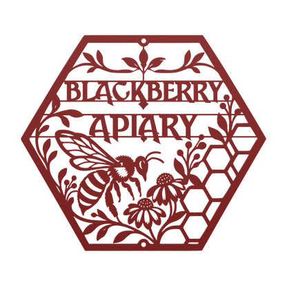 Custom apiary bee honeycomb metal sign in red — personalized bee honeycomb wall art