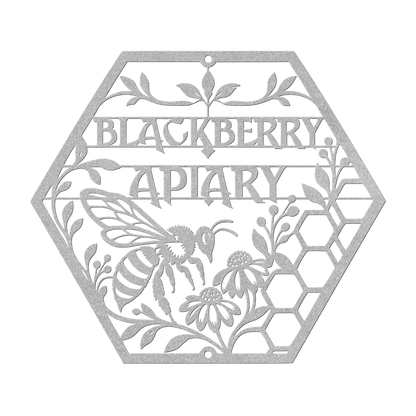 Custom apiary bee honeycomb metal sign in silver — personalized bee honeycomb wall art