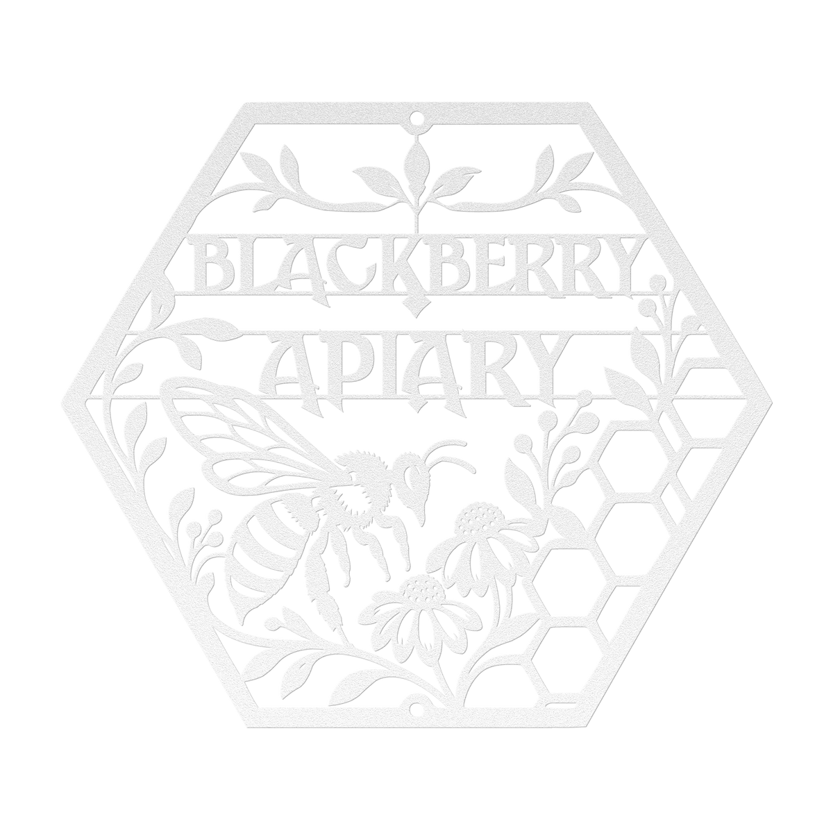 Custom apiary bee honeycomb metal sign in white — personalized bee honeycomb wall art