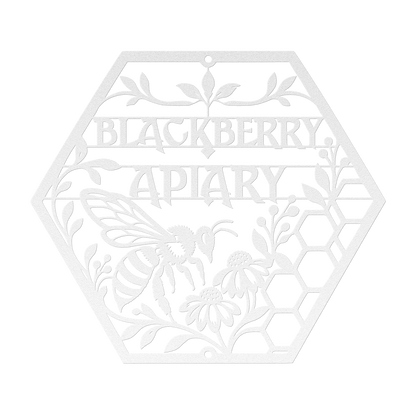 Custom apiary bee honeycomb metal sign in white — personalized bee honeycomb wall art