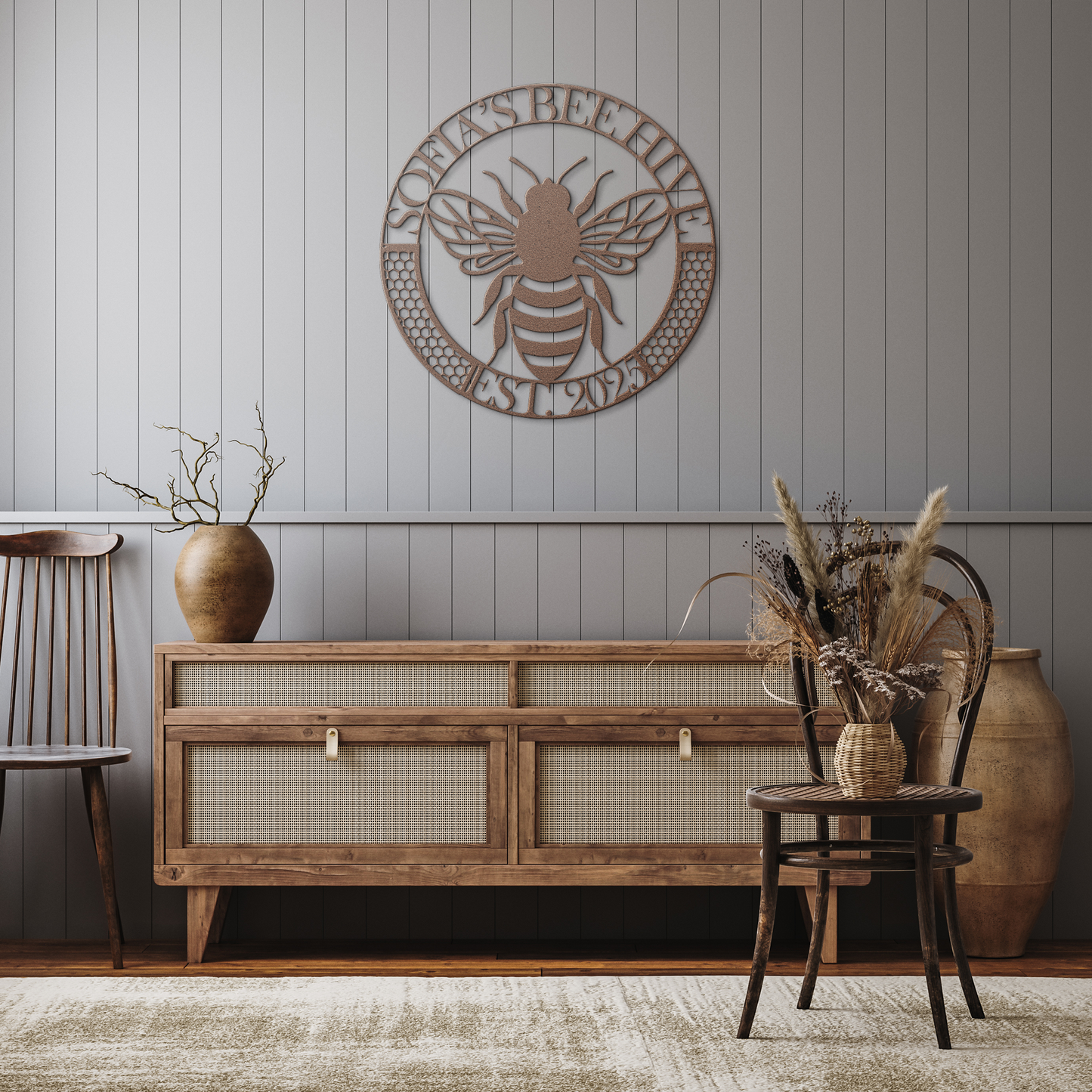 Custom_Bee_Apiary_Metal_Sign_Personalize_Copper_Rustic_Hallway_Mockup.png_15493994
