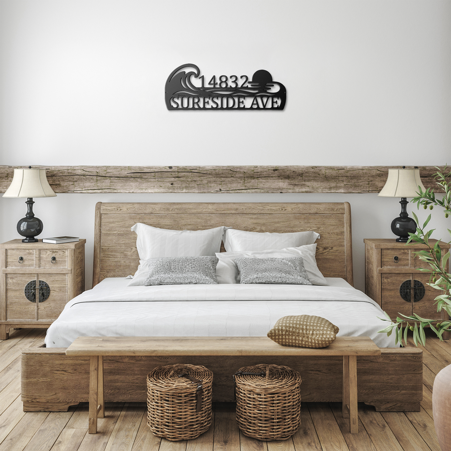 Black custom coastal ocean wave address metal sign in farmhouse entryway — personalized house number wall art