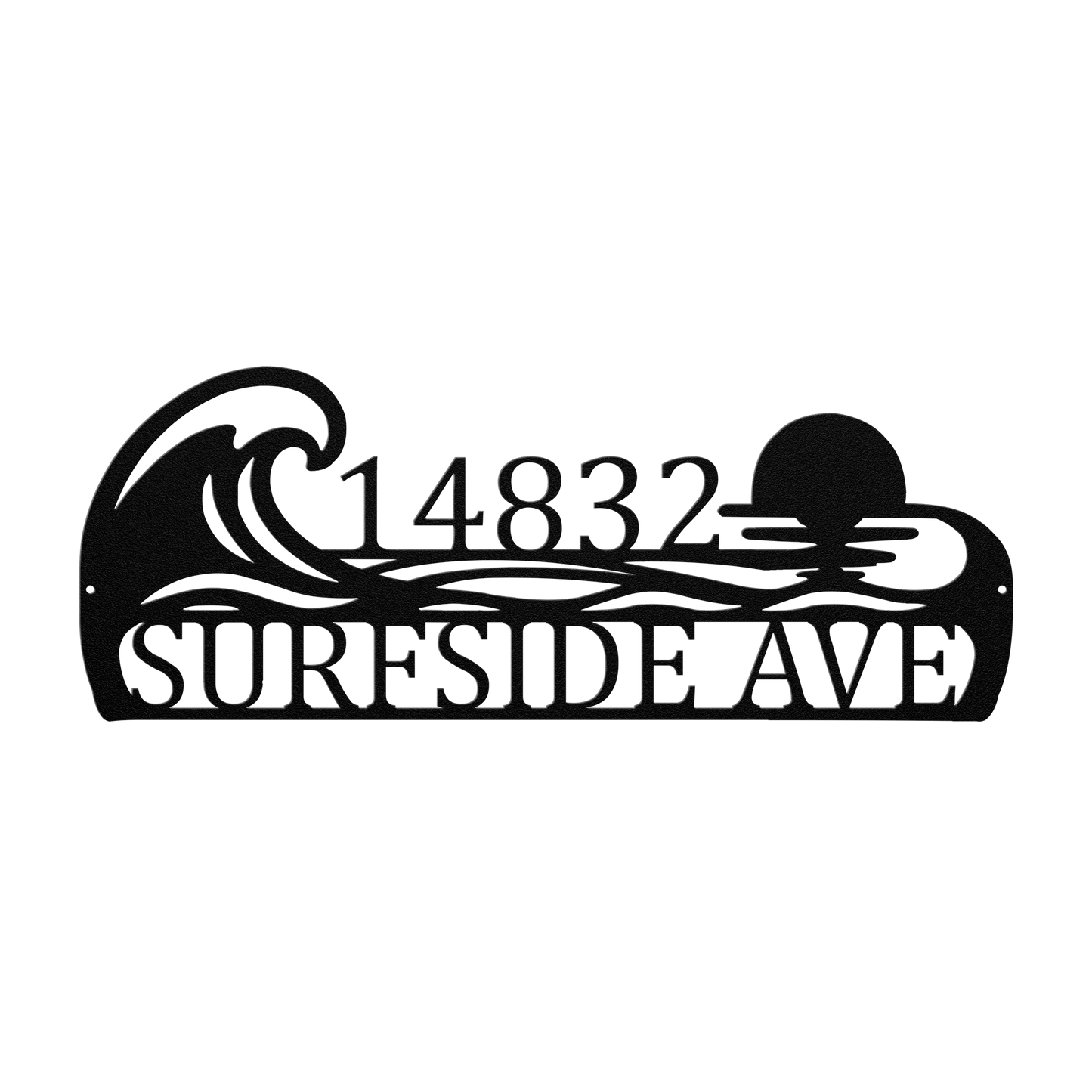 Custom coastal ocean wave address metal sign in black — personalized ocean wave house number wall art