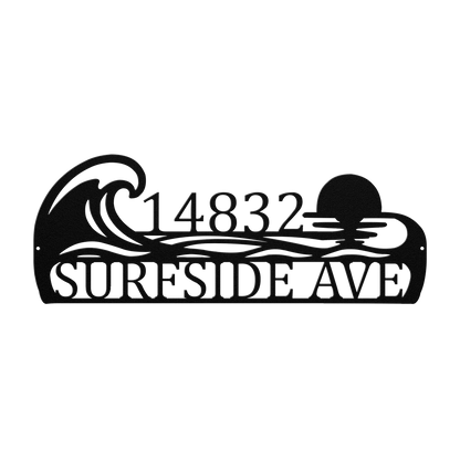Custom coastal ocean wave address metal sign in black — personalized ocean wave house number wall art