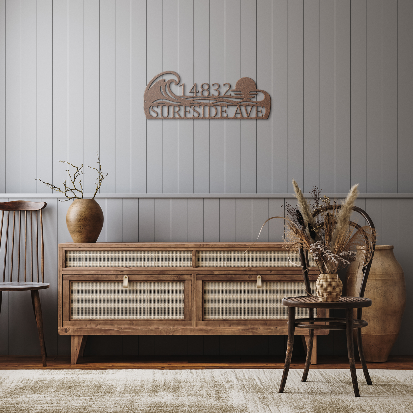 Copper custom coastal ocean wave address metal sign in rustic hallway — personalized house number wall art