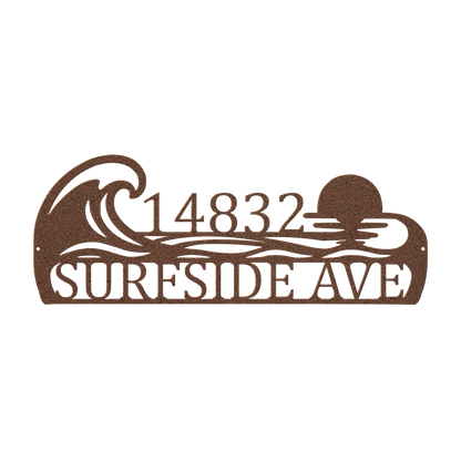 Custom coastal ocean wave address metal sign in copper — personalized ocean wave house number wall art