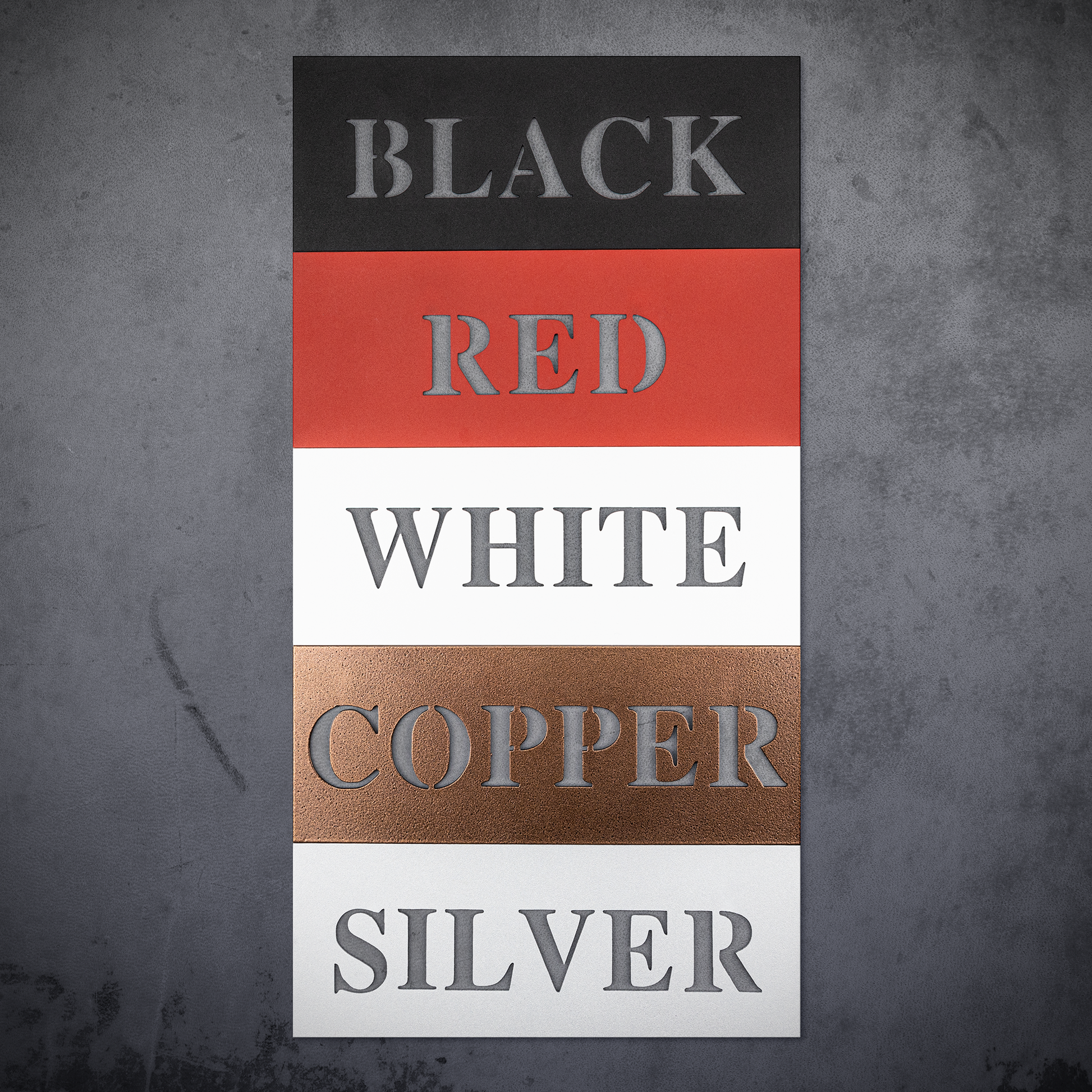 Metal sign finish swatches — black, red, white, copper and silver options