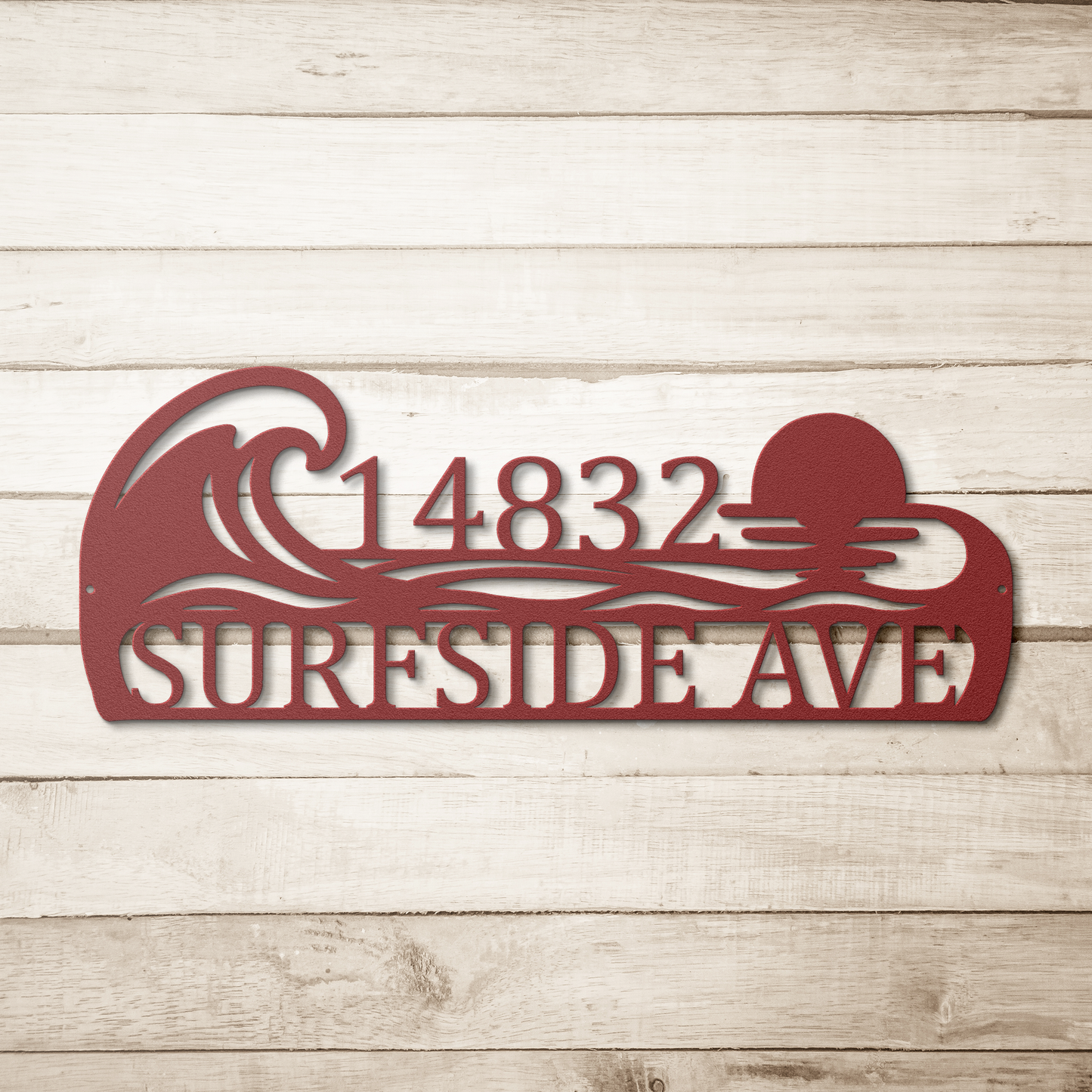 Red custom coastal ocean wave address metal sign on wood background — personalized house number wall art