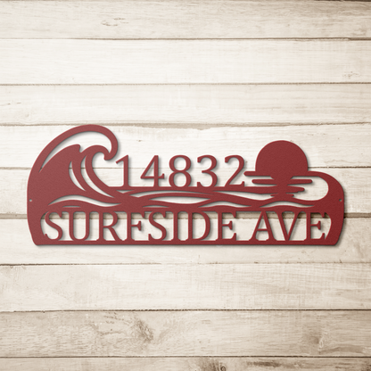 Red custom coastal ocean wave address metal sign on wood background — personalized house number wall art